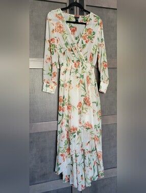 Kate And Lilly Floral Wrap Maxi Dress in White with Coral Blooms